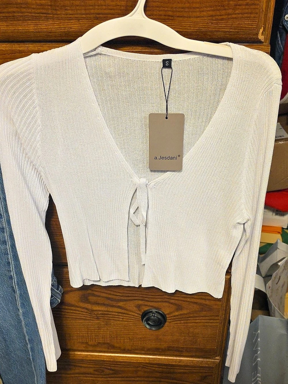 a.Jesdani Women'Small Tie Front Long Sleeve Rib Knit Bolero Cropped Cardigan Rib